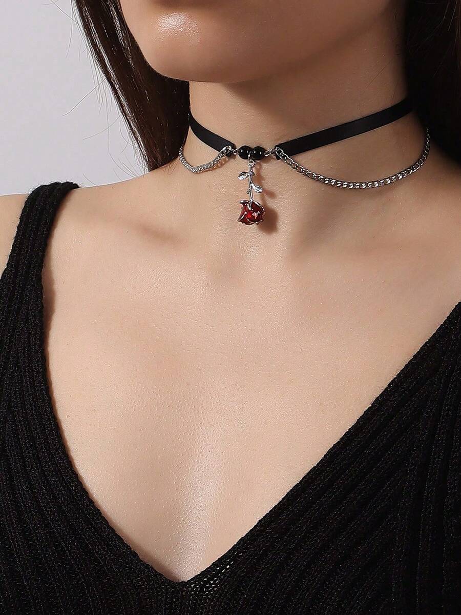 1 件万圣节哥特式油画玫瑰花链流苏颈链，黑色丝带项链，适合女士派对性感服装配饰 - 黑色 - 查看 1