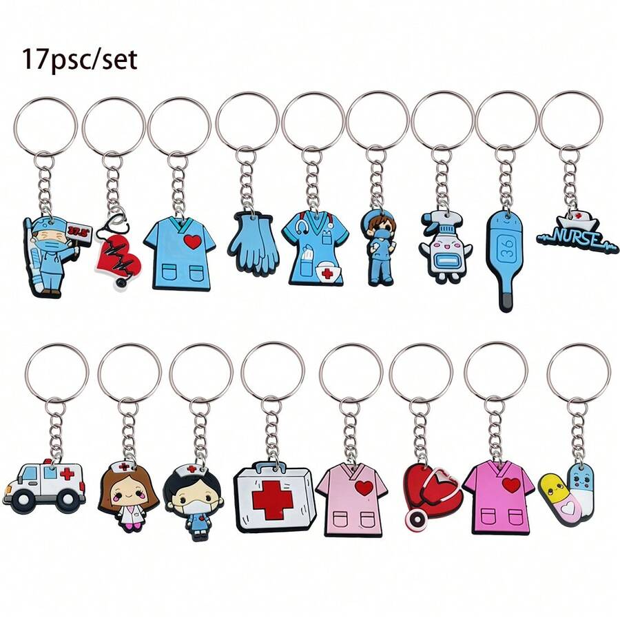 17 قطعة/مجموعة، طقم سلسلة مفاتيح طبية كرتونية! تشمل الطبيب والممرضة والقفازات والترمومتر والسماعة الطبية وصندوق الإسعافات الأولية والسيارة الإسعاف وغيرها من الإكسسوارات ذات الموضوع، هدايا صغيرة للمهنيين الطبيين، إكسسوارات السيارة، إكسسوارات حقيبة جوثيك Y2K، أربطة الرقبة مع حامل بطاقة الهوية، إكسسوارات السيارة، تميمة الحقيبة