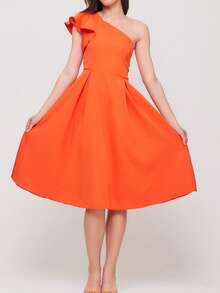 CEYLEN Women's Solid Color One Shoulder Ruffle Sleeve Elegant Mid-Length Dress - Burnt Orange - View 2