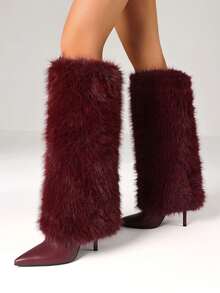 Women's Y2K Furry Fluffy Fold Over Knee High Boots Fashion Pointed Toe Stiletto High Heels Sexy Elegant Faux Fur Long Boots Woman - Màu Đỏ Sâu - Xem 2