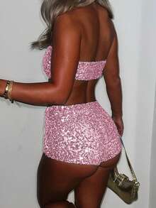 Women Sequin 2 Piece Rave Outfits Sparkly Bandeau Top And Shorts Set Party Clubwear - Hồng - Xem 2