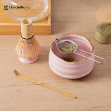5 Piece Set Japanese Matcha Bowl Set, Matcha Whisk Holder, Bamboo Matcha Whisk, Bowl With Spout, Matcha Sieve Scoop, Matcha Set, Gift For Matcha Lovers (Available In Pink, Yellow, White), Traditional Matcha Tea Set, Tea Ceremony Gift - 彩色 - 查看 2
