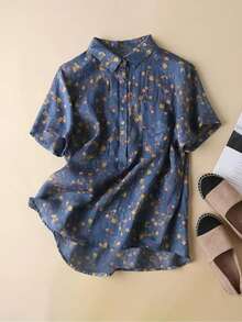 Damen Große Größen Kleinteiliges Blumen Muster Kurzarm Leinenbluse mit Mandarinskragen Künstlerisches Top für Petite, Sommer Leinen Damen Rock, Altes Geld, Boho Rock - Blau - Übersicht 3