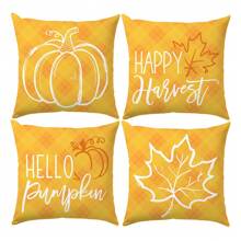 4 件黄色格子背景线条南瓜枫叶秋季装饰抱枕套，45*45 厘米柔软桃皮材质沙发靠垫套，单面印花拉链开合，适用于各种房间类型、房间卧室客厅家居沙发装饰，装饰枕头套