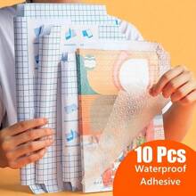 [预切自粘书膜] 10 件自粘书套，透明磨砂防水书膜，防尘书套，返校学习用品，预切书套（随机图案），用于学校用品，返校