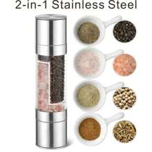 二合一不锈钢盐胡椒研磨器，无需电池 - 盐胡椒研磨器，手动两用研磨器，可从细磨到粗磨调节，非常适合露营或旅行，陶瓷刀片 - 厨房香料研磨器，厨房小工具