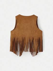 Women's Light Brown Striped Tassel Irregular Jacket, Deep V-Neck Short Top - Light Brown - View 3