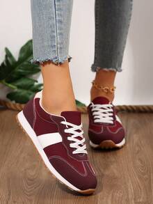Damen Samt Patchwork Schnürsenkel Vorderseite Dicksohlige Lässig Sneaker, Neue leichte Dicksohlige Agam Schuhe, Outdoor Sport Stil Studentenschuhe für Frühling/Herbst - Bordeaux - Übersicht 5