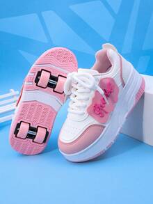 儿童轮滑鞋 4 轮可拆卸系带运动鞋户外轮滑鞋适合男童女童学生，适合休闲、中童和大童 - 粉色 - 查看 2