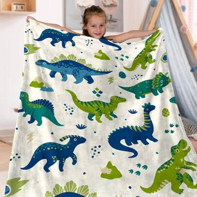 1 件可爱卡通恐龙图案法兰绒毛毯，四季针织涤纶夹克，数码印花，轻盈保暖，适合各种家居场景