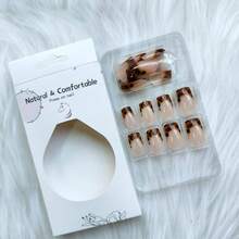 MFrench Tip Pr On Nails Medium Square Fake Nails With Leopard Print Designs Glossy Full Cover Nude Glue On Nails Cheetah Nails Acrylic Stick On Nails For Coquette Women Girls 24 Pcs8001 - 棕色 - 查看 3