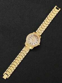 2PCS Fashionable Gold Diamond-Studded Quartz Watch & Cuban Chain Bracelet Set, Party & Birthday Gift - Gold - View 3