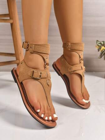 女士夏季新款休闲罗马凉鞋，纯色人字拖设计，搭扣闭合，更舒适的户外休闲百搭人字拖