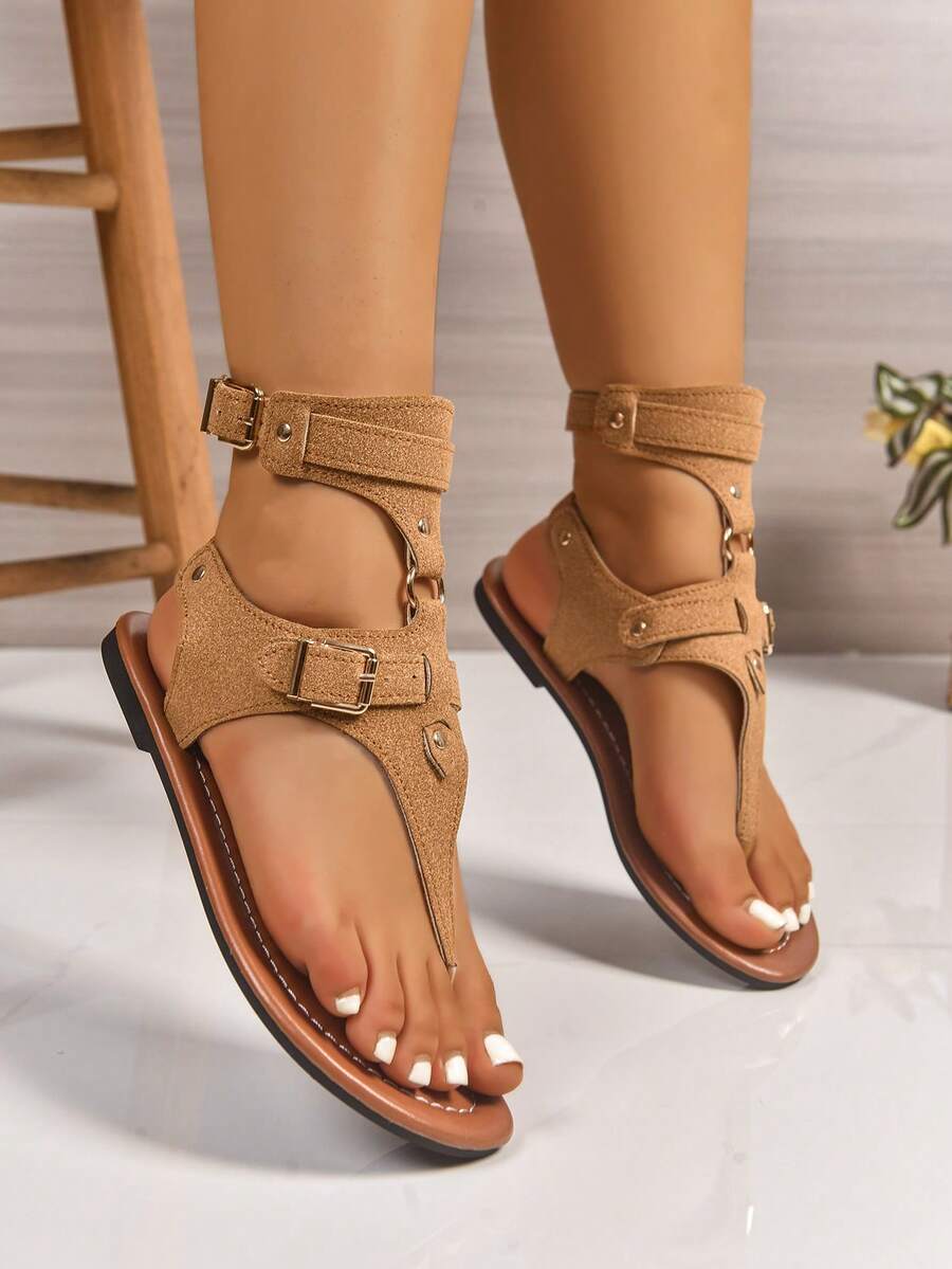 女士夏季新款休闲罗马凉鞋，纯色人字拖设计，搭扣闭合，更舒适的户外休闲百搭人字拖