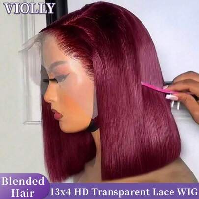  VIOLLY Peluca de cabello humano brasileño virgen con frente de encaje transparente de 13x4 pulgadas, 200% de alta densidad, 10 pulgadas, color 99J# rojo burdeos rubio, con nudos invisibles decolorados previamente, adecuada para usar a diario o en ocasiones festivas