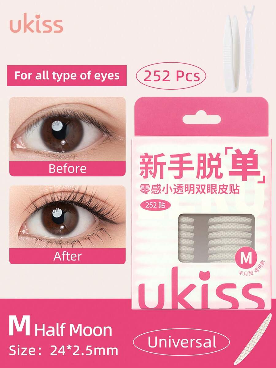 ukiss 252片透明双眼皮贴,带镊子和调节器,M型通用尺寸,适合所有眼型,提拉眼皮,自然隐形,哑光表面,免费提拉不均或单眼皮,告别眼皮下垂,提升下垂眼皮,经济实惠的化妆工具 - 粉色 - 查看 1