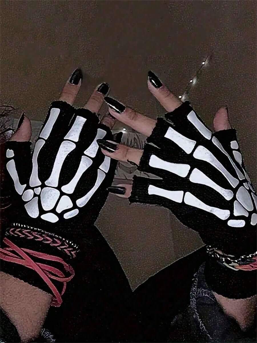 1 Paar Skelett-Hand-Muster Fingerlose Handschuhe für Herren und Damen für Partys und Halloween