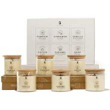 Kit de 6 Velas: Pétalos de Rosa, Vainilla, Canela, Palomita Caramelizada, Café recién hecho y Spiced Pumpkin