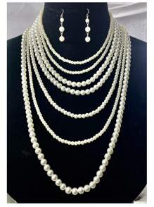 3pcs Vintage Minimalist Multilayer Pearl Sweater Chain Necklace Earrings Jewelry Set