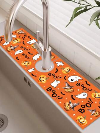 1pc 10*38cm (3.93*14.96inch) Halloween Decorative Sink Mat, Pumpkin & Ghost Print Kitchen Sink Countertop Protector Pad, Adding Holiday Atmosphere, Halloween Home Party Decor, Cute Orange BOO Theme