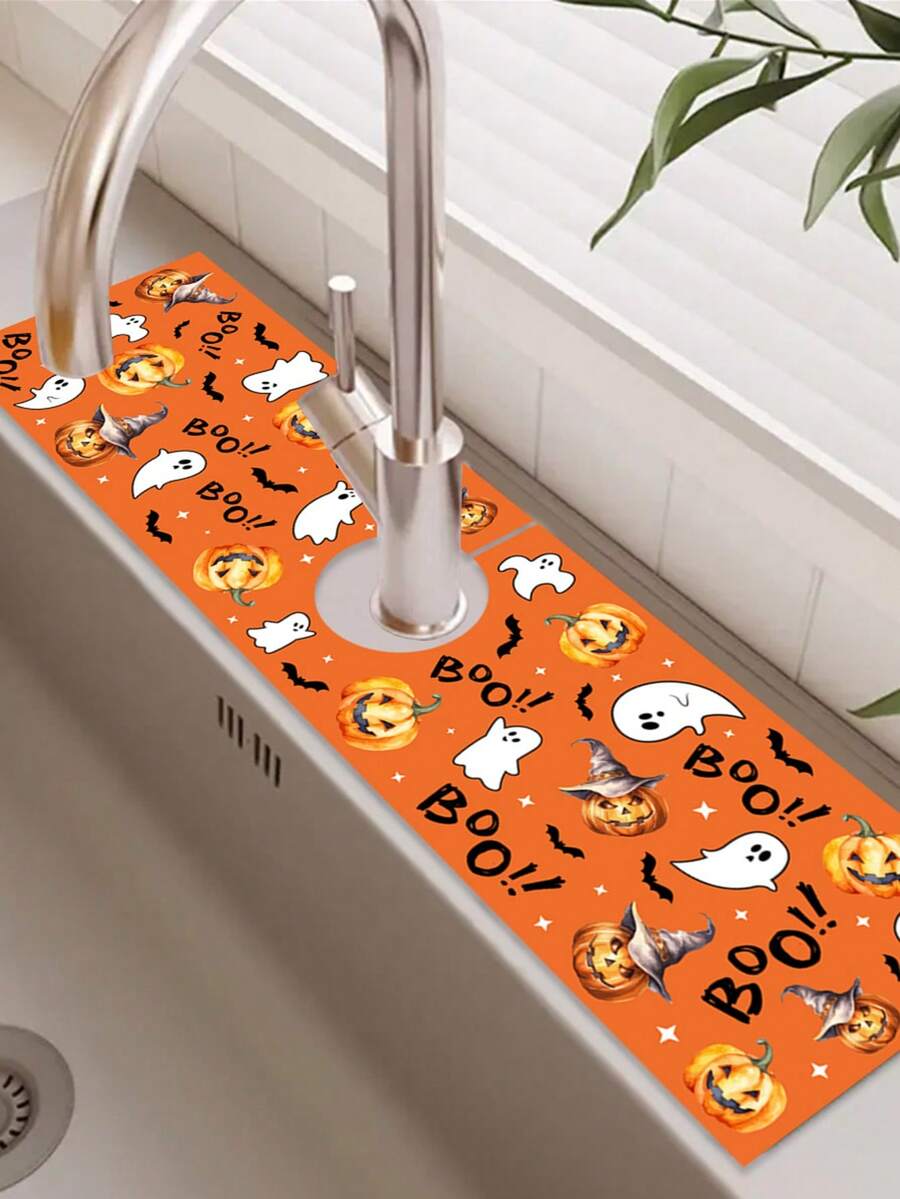 1pc 10*38cm (3.93*14.96inch) Halloween Decorative Sink Mat, Pumpkin & Ghost Print Kitchen Sink Countertop Protector Pad, Adding Holiday Atmosphere, Halloween Home Party Decor, Cute Orange BOO Theme - Multicolor - View 1