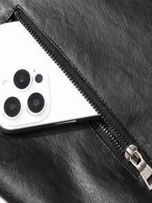 Chaqueta de cuero de motocicleta con forro térmico grueso para hombre talla grande, cuello, bolsillos con cremallera, para invierno - Negro - Ver 5