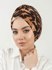 1pc Muslim Printed Headscarf Cap, European & American Style Floral Fabric Turban Hat, Pleated Design For Women For Dress - A - View 21