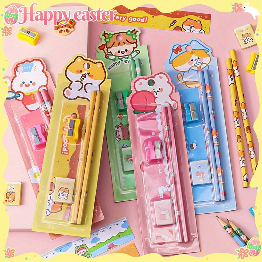 4 Pieces Durable Cartoon Pencil Stationery Set, 5 Pieces Combination Drawing Tool Kit, School Supplies, Office Supplies, Educational Gifts, Holiday Prizes, School Supplies Stationery Teacher Gifts(Random Colors) - Multicolor - View 1