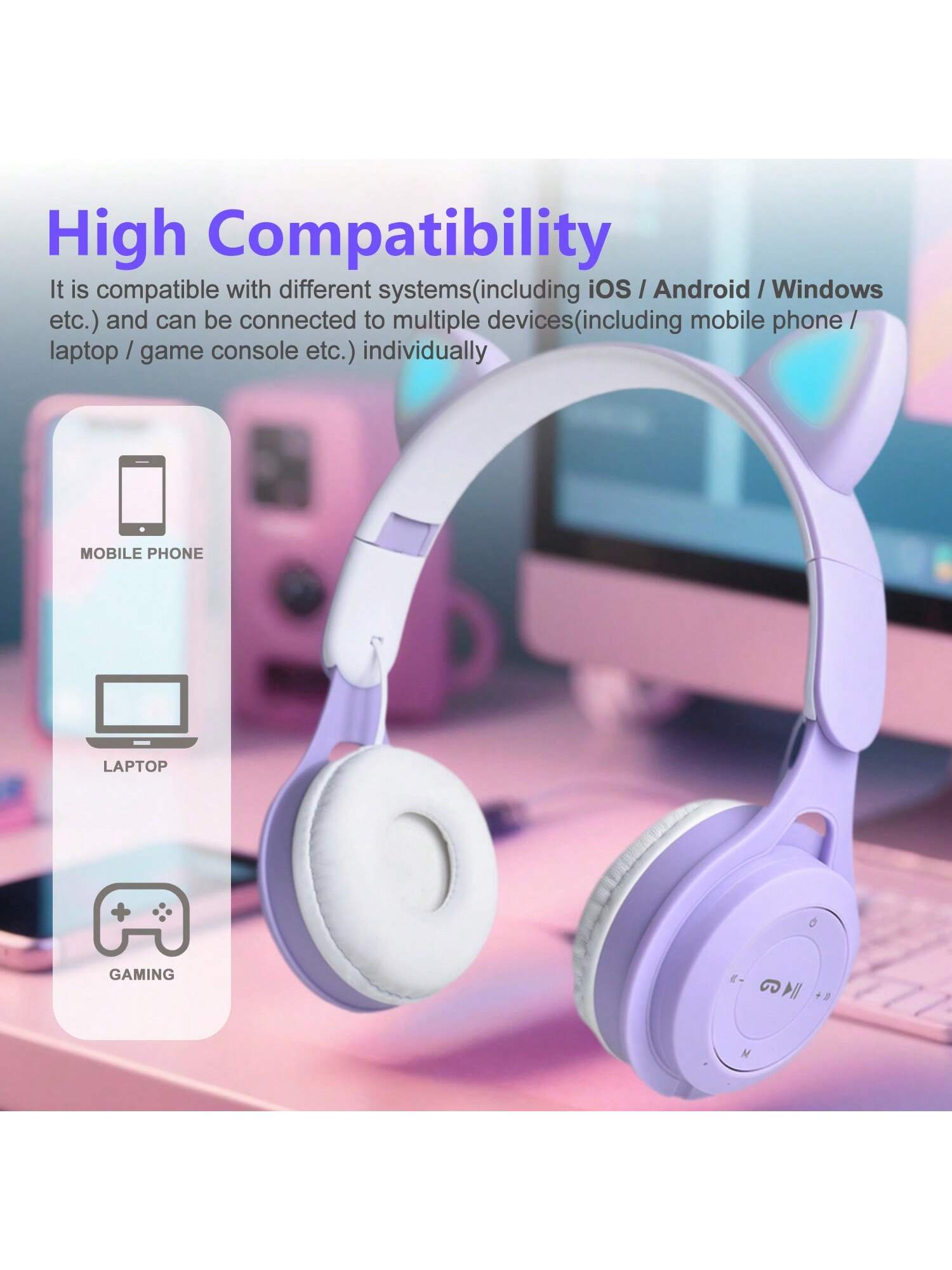 سماعات رأس لاسلكية على شكل أذن قطة جديدة ، ألوان ت...