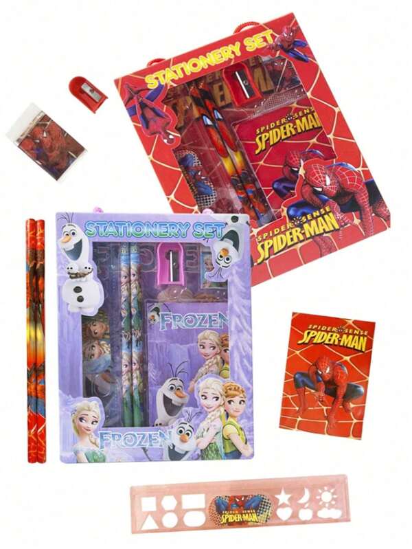 Disney Conjunto de régua, apontador, borracha e caderno de desenho animado do Homem-Aranha Frozen Stitch - 2 lápis, 1 régua de 15 cm, 1 apontador, 1 borracha, 1 caderno, material de escritório para desenho criativo, kit de papelaria do Homem-Aranha e Elsa para presente (algumas peças podem ser aleatórias) (o design da embalagem é aleatório)