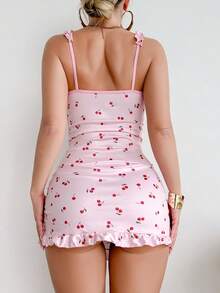 Women's Pink Pajamas,Cherry Print Frill Trim Ruched Bodycon Dress,Cute Sleep Dress,Lettuce Trim,Ruffle Hem Cami Pajama Nightdress,Babydolls,Slip Dress,Summer Sexy Lingerie Dress,Sexy Lingerie - Pink - View 4
