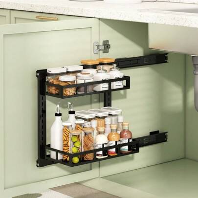 Kitchen Cabinet Door Storage Box, 2 Tiers Self-Adhesive Wall-Mounted Kitchen Cabinet Organizer, Under-Sink Shelf, Height-Adjustable Kitchen Double Dra
