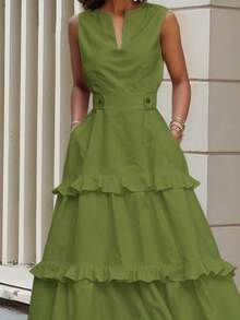Women's Summer Clothes Sleeveless Cotton Dresses For Women Loose V-Neck Ruffled Tiered Wedding Guest Dress Women With Pockets High Waisted Buttoned Plus Size Dresses - 軍綠色 - 查看 2