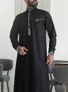 1 件男士优质涤纶面料休闲宽松中东风格长袍，舒适简约纯色长袖传统中东服装 - 黑色 - 查看 1