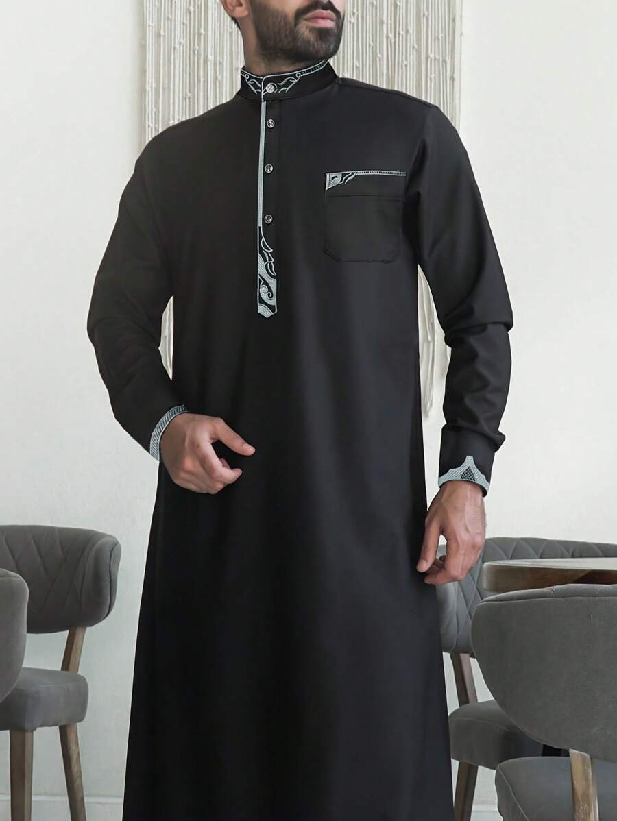 1 件男士优质涤纶面料休闲宽松中东风格长袍，舒适简约纯色长袖传统中东服装 - 黑色 - 查看 1