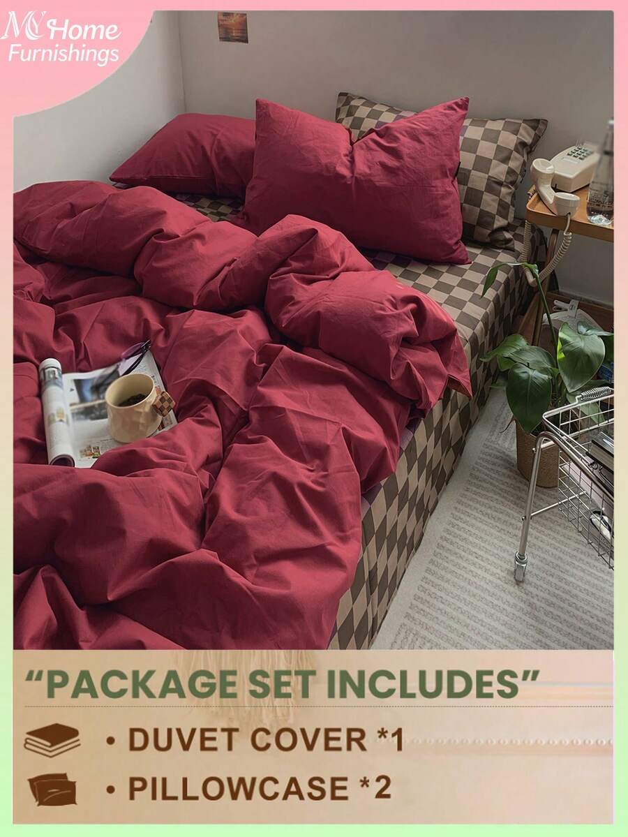 3 件套酒红色超柔软床上用品套装，适合男孩女孩学生宿舍，1 个羽绒被套，2 个枕套，无填充，可机洗 - 酒紅色 - 查看 1