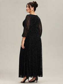Plus Size Elegant Deep V-Neck Lantern Sleeve Sparkly Stretch Fabric Black Formal Evening Dresses Prom Spring Wedding Guest Dresses For Wedding Birthday Party Dinner - Black - View 3