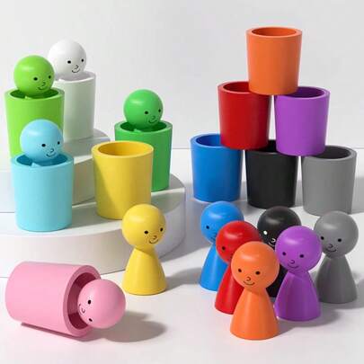 木制玩具，杯子里的木偶，适合3岁以上儿童蒙特梭利学龄前儿童的木制配对游戏，用于学习颜色分类和计数