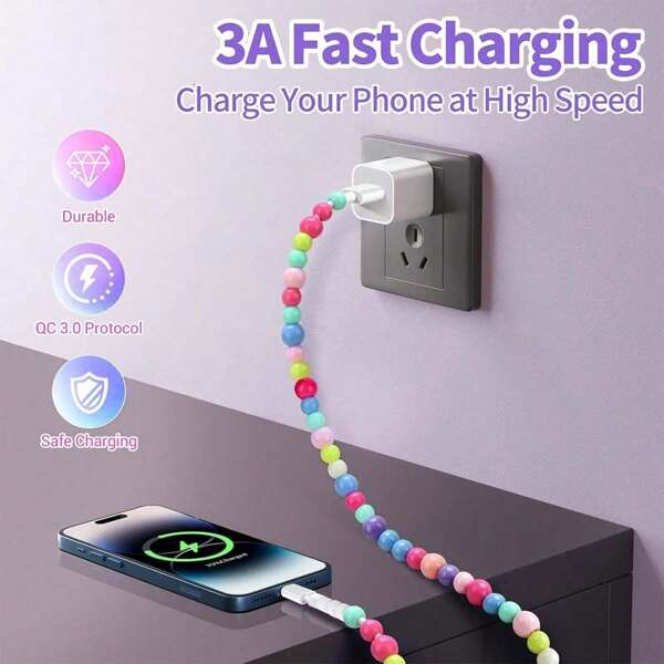2-In-1 Colored Bead String Charging Cable [1M] Type-C/Lightning To  15 Fast Charge 2.4A|Creative Fashion Braided Cable|Durable&Anti-Oxidation Best Gift For Girls&Teens