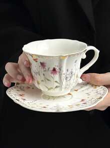 1 set de taza de café y platito de cerámica con pintura dorada retro, con patrón floral rosado pintado a mano, elegante juego de té de la tarde/café, taza de alta calidad para la oficina, regalo para vacaciones o vuelta al colegio