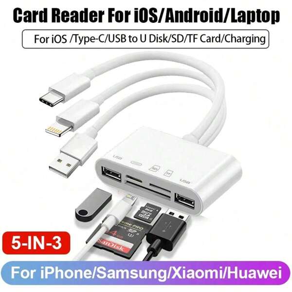 Lector de tarjetas de cámara 5 en 1, lector universal de conexión y uso, con ranura para tarjetas SD/TF, USB 3.0, Tipo-C, Lightning OTG USB de cámara, adaptador de almacenamiento múltiple compatible con /iPad