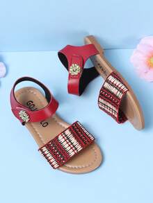 1 Pair Girls' Summer Woven Red Sandals, Minimalist Casual Fashion, Flat Beach Strap Princess Shoes, Suitable For Daily, Vacation And Travel - Red - View 5