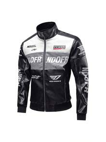 New Motorcycle Leather Jacket Men, Color Block Racing Coat Jackets, Loose Fit Brand,Fleece,Winter - Black - View 2