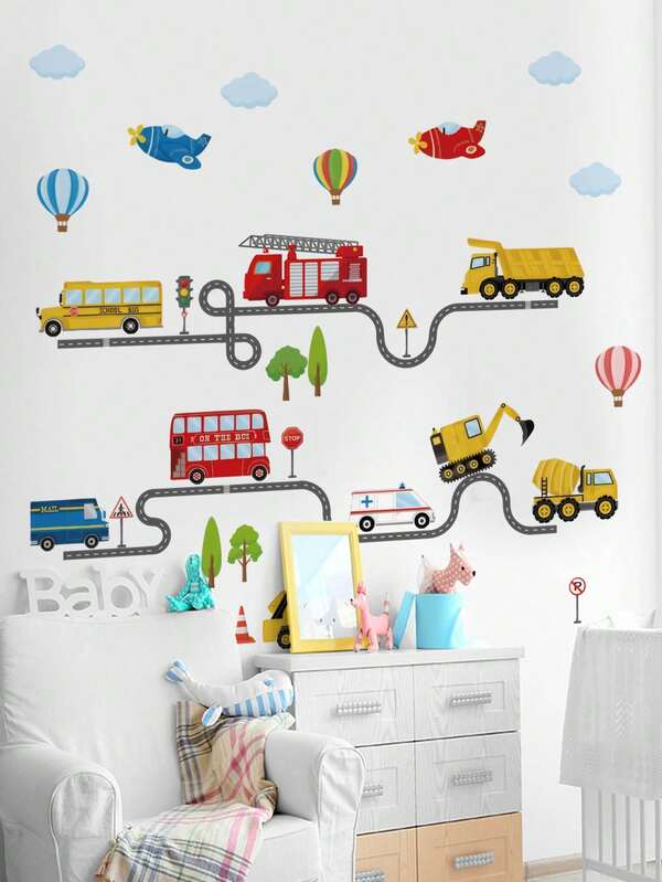 墙贴 - [卡通公路车、破墙卡车、墙贴] PVC 自粘可移除墙贴，适用于托儿所、儿童房、游戏室或教室 - 适合任何空间的可爱创意墙面装饰