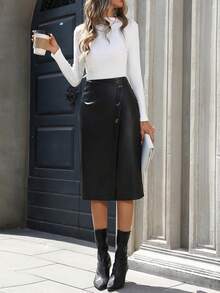 Mobula Sound 高腰不对称纽扣 PU 皮革优雅性感休闲半身裙，春夏黑色 - 黑色 - 查看 2