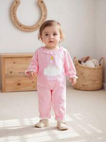 Baby Girls Birthday Romper Cake Embroidery Long Sleeve Ruffled Round Neck Full Length Jumpsuit - Pink - View 3