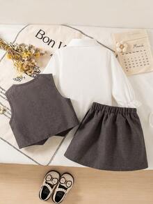 3pcs Baby GirlAutumn/Winter Outfit Set: White Shirt Blouse, Grey Vest Jacket, Pleated Skirt - Grey - View 2