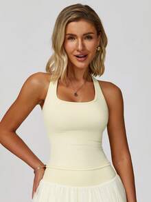 MASKERT 女士罩杯瑜伽服，运动上衣，高弹力运动上衣，居家通勤夏季上衣 - 黃色 - 查看 4