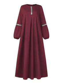 Fashionable Long Sleeve Sequin Abaya Dress, Arabian Style - Burgundy - View 5