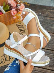 1 Pair Thick Sole Woven Strap Sandals For Teenagers, Summer